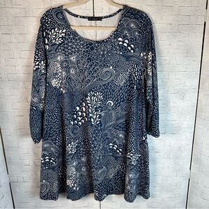 Enmain women’s 3/4 sleeve tunic top of blue & cream bohemian hippie plus size